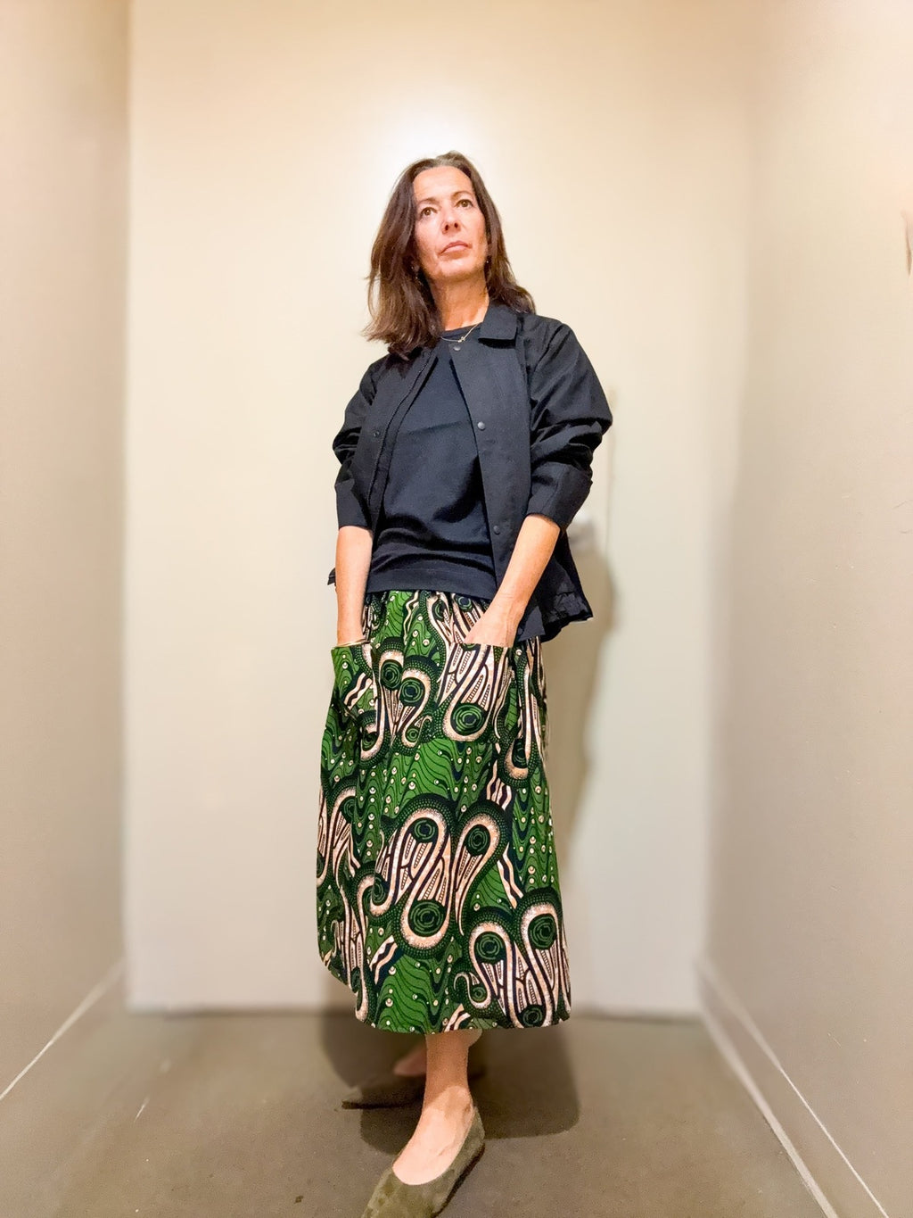 Verde Royale Elastic Waist Midi Skirt